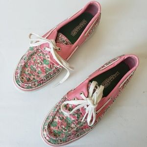 [Sperry] Floral Sequin Pink Boat Shoe 6.5
